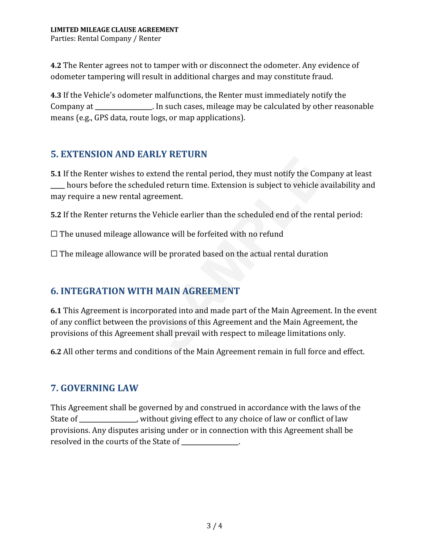Limited Mileage Clause Agreement Template