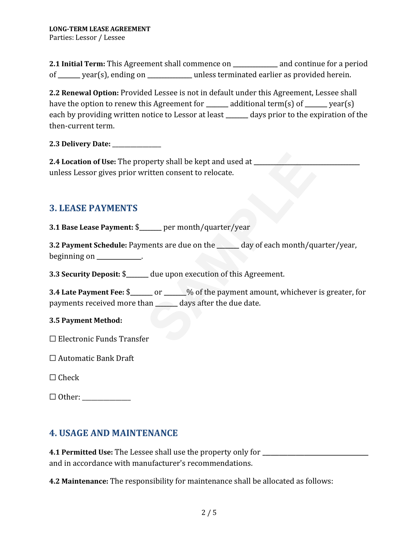 Long-Term Lease Agreement Template