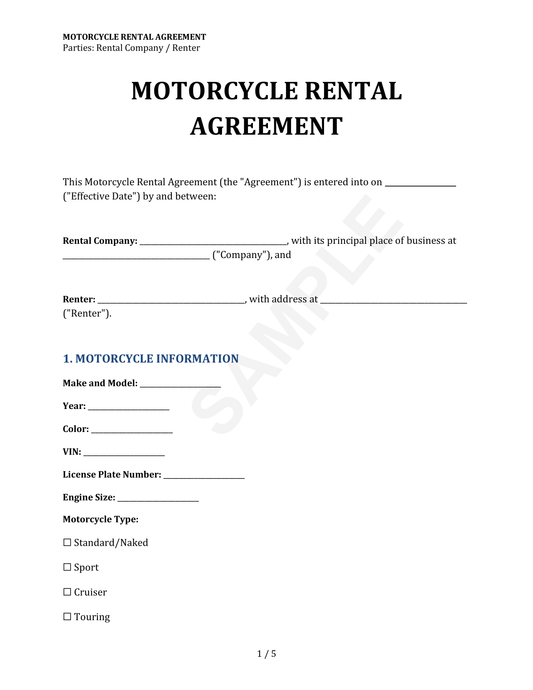 Motorcycle Rental Agreement Template