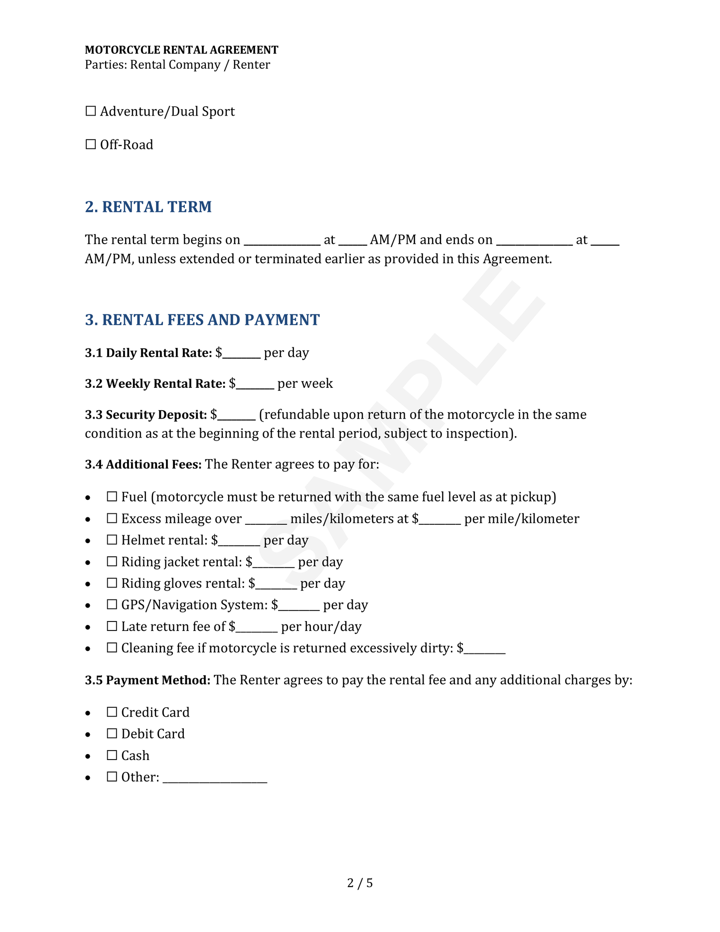 Motorcycle Rental Agreement Template