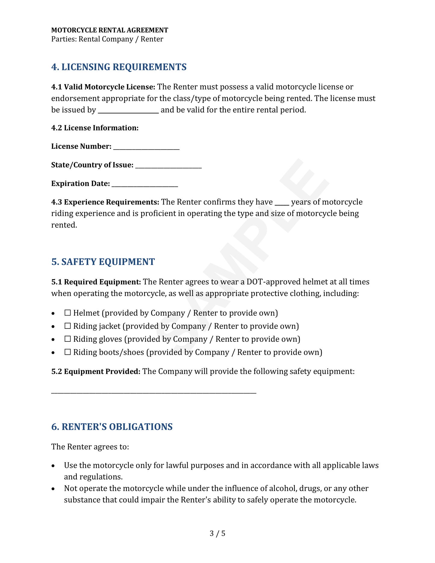 Motorcycle Rental Agreement Template