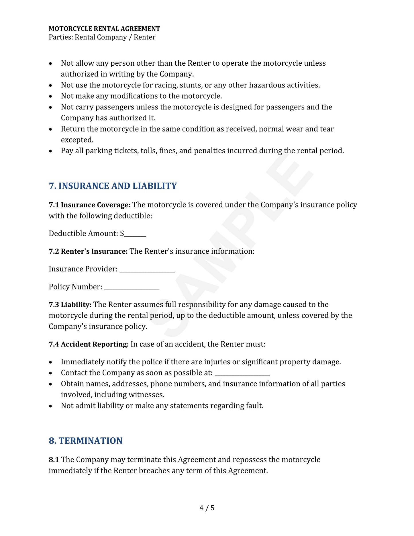 Motorcycle Rental Agreement Template