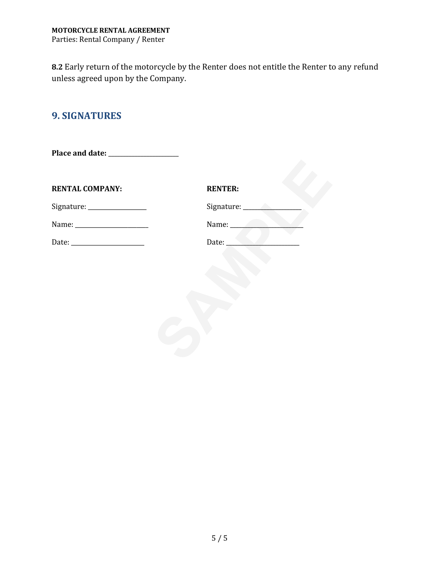 Motorcycle Rental Agreement Template
