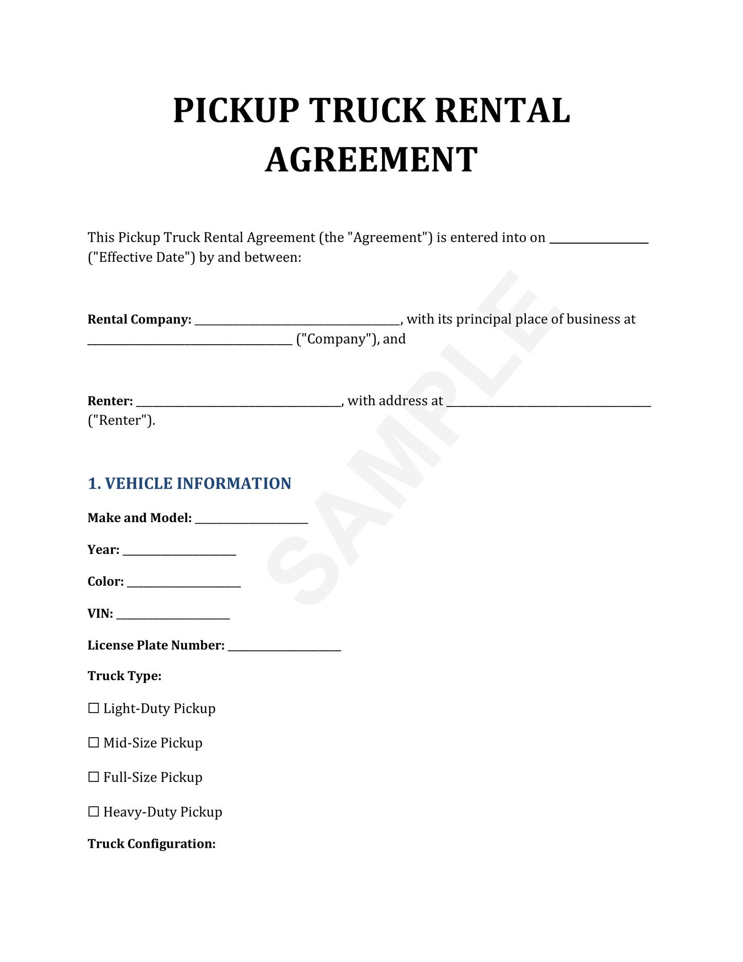 Pickup Truck Rental Agreement Template