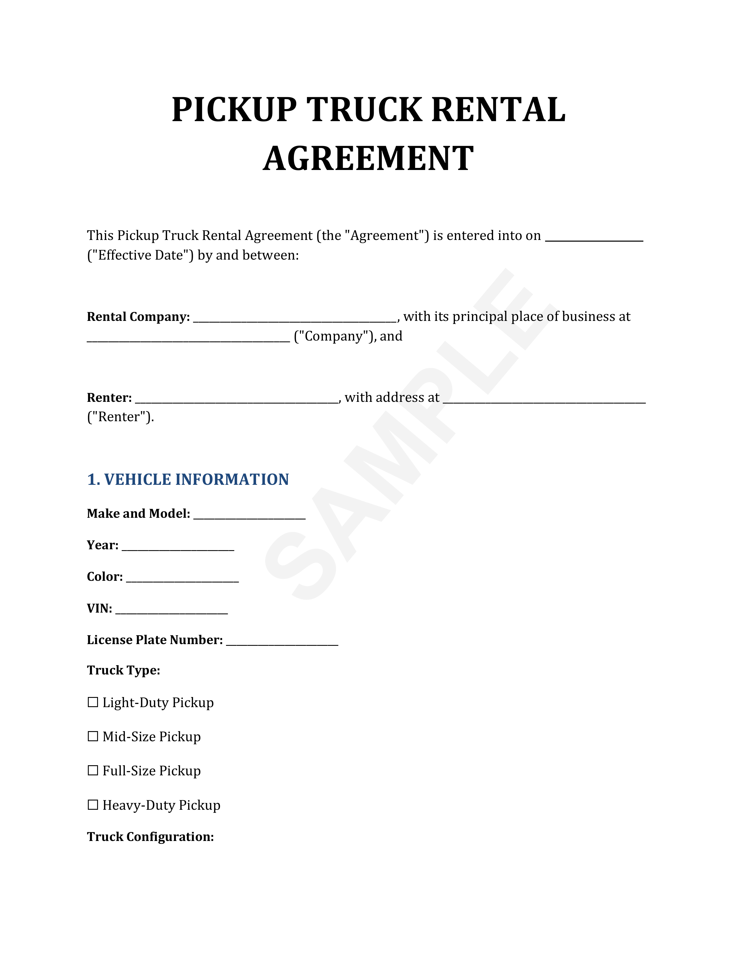 Pickup Truck Rental Agreement Template