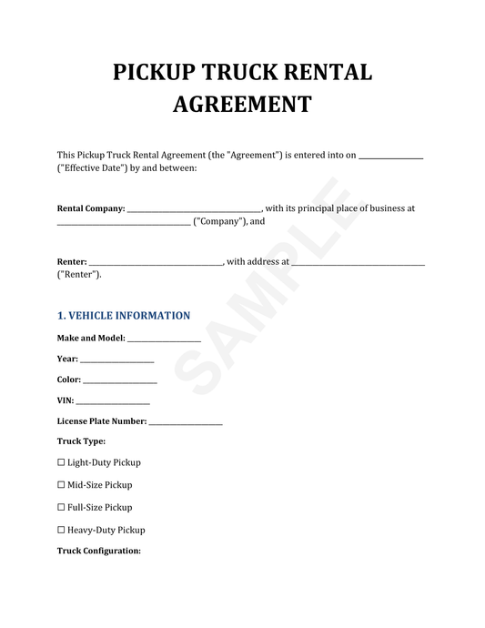 Pickup Truck Rental Agreement Template
