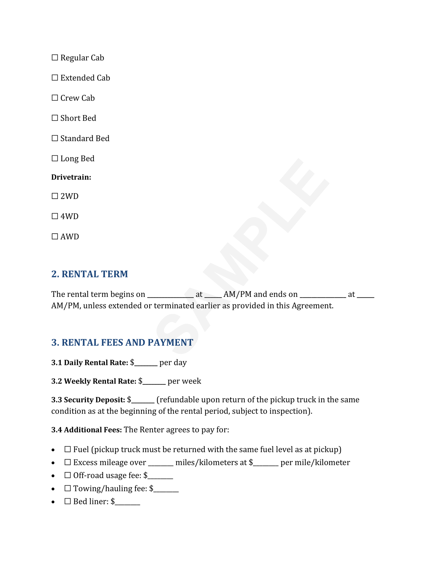 Pickup Truck Rental Agreement Template