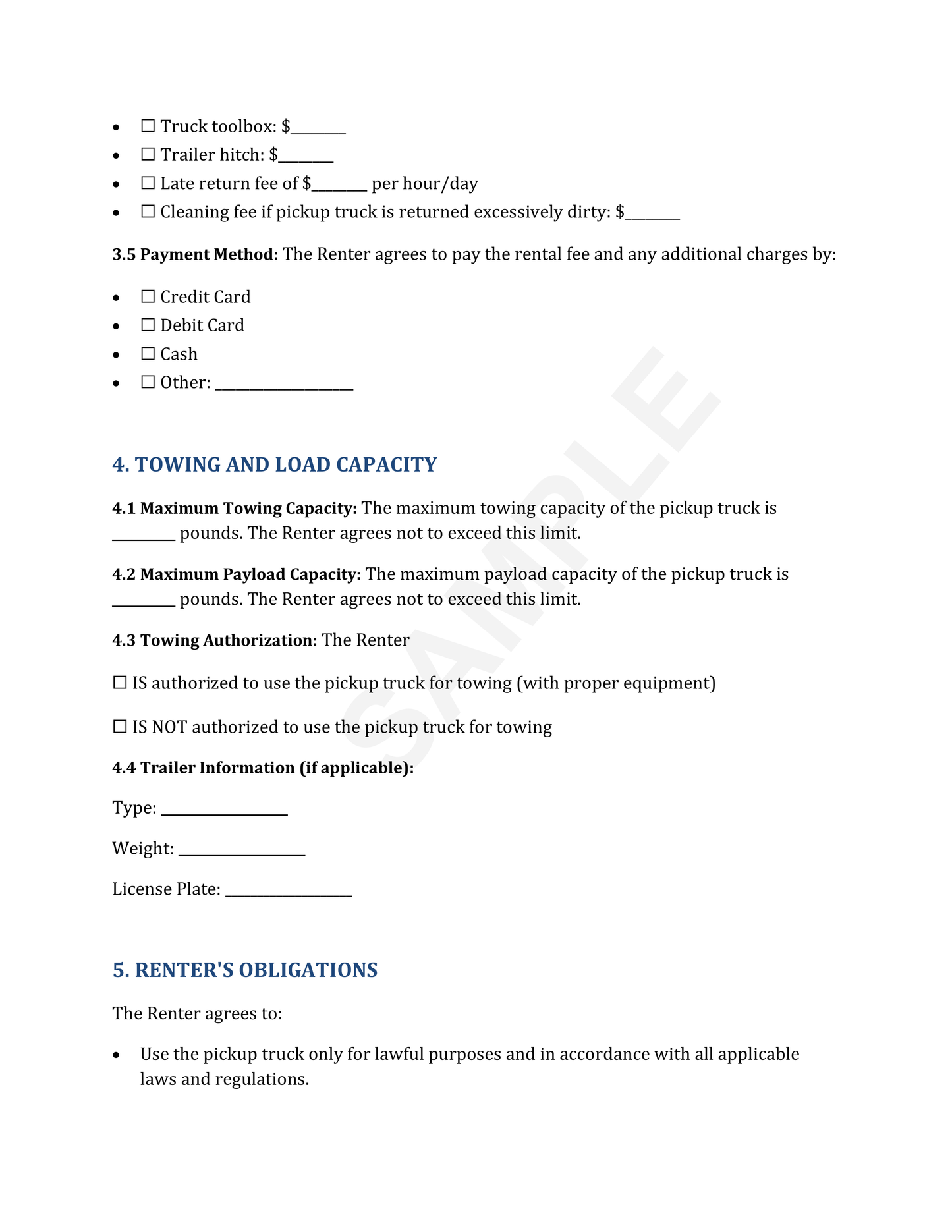 Pickup Truck Rental Agreement Template