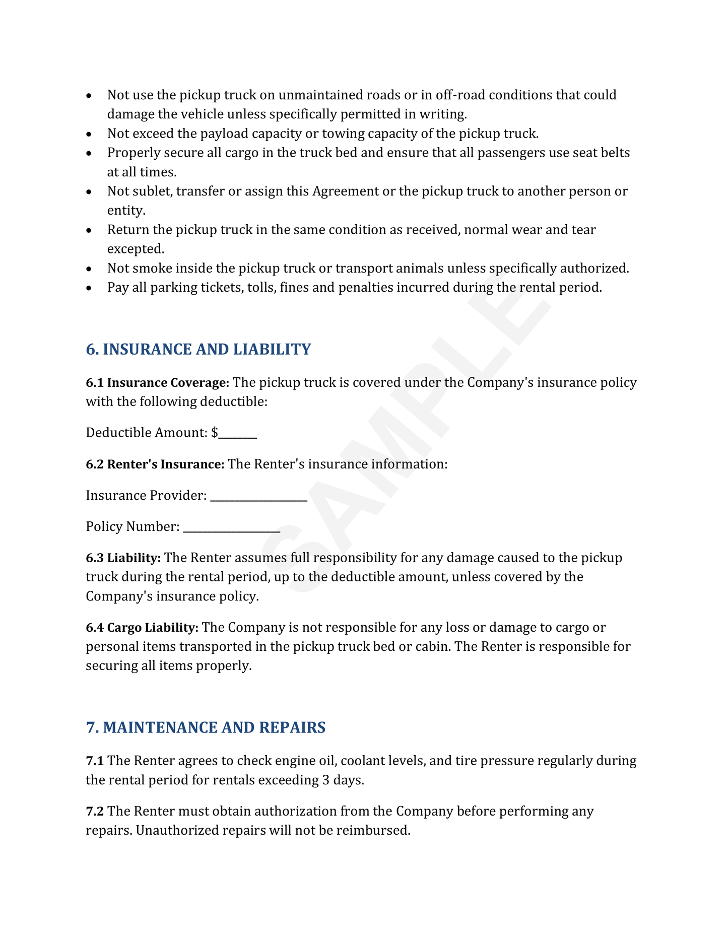 Pickup Truck Rental Agreement Template