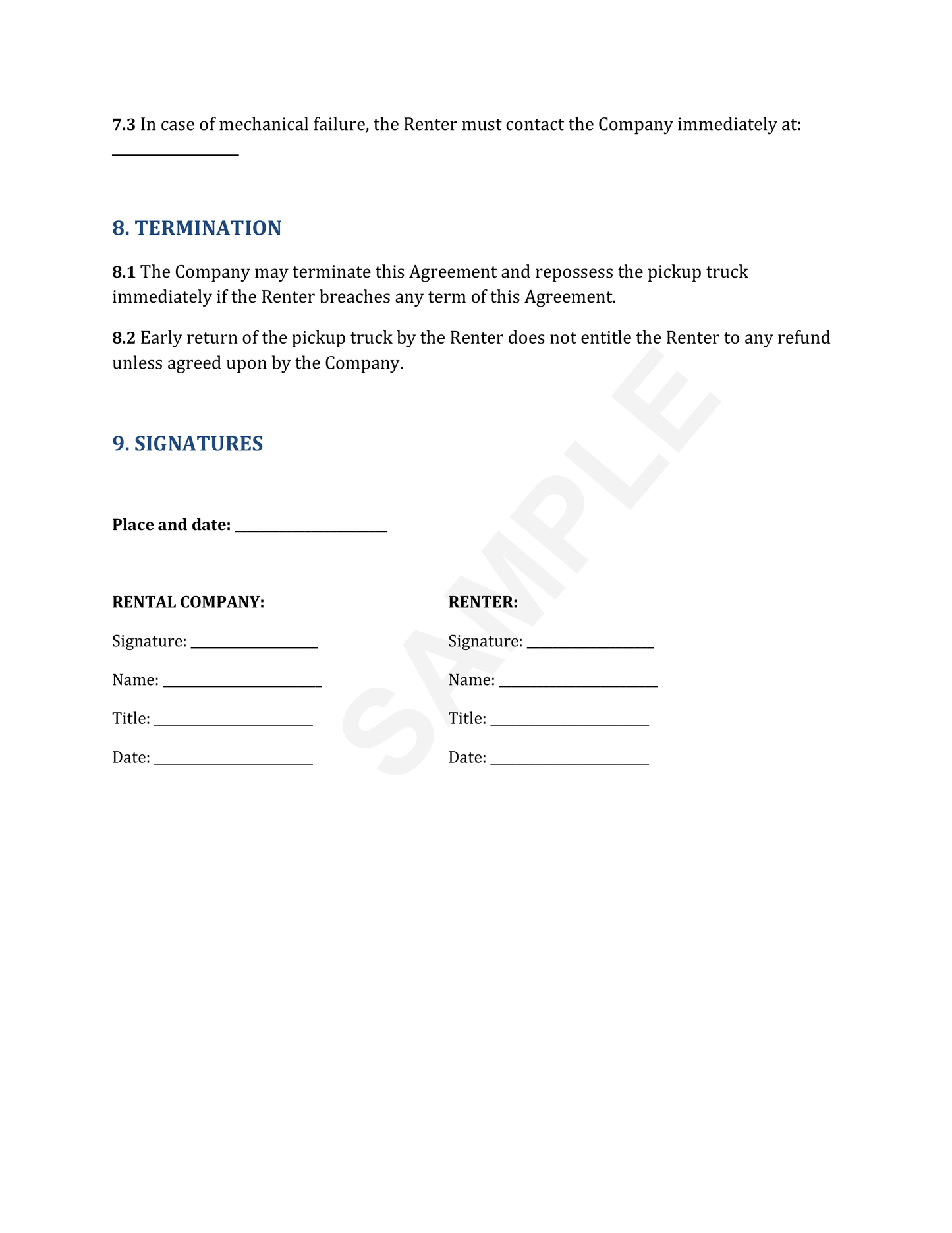 Pickup Truck Rental Agreement Template