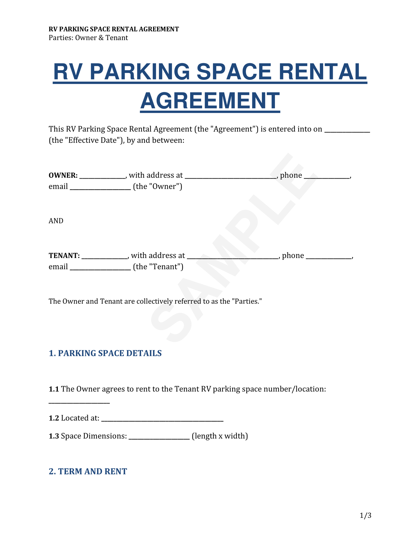 RV Parking Space Rental Agreement Template