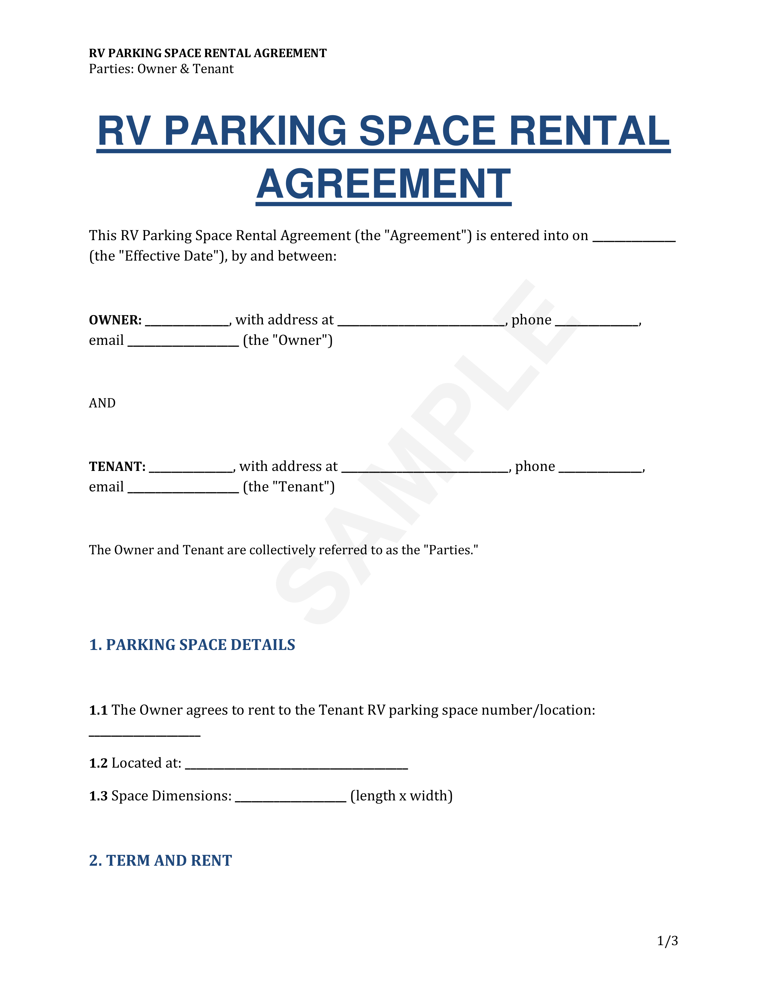 RV Parking Space Rental Agreement Template
