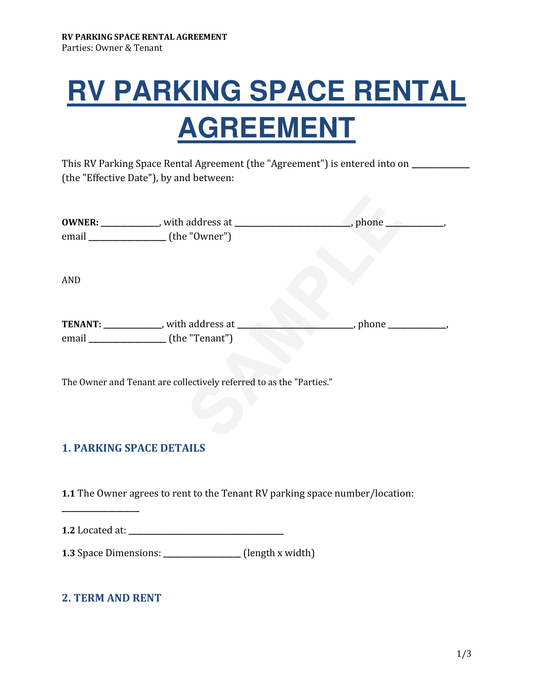 RV Parking Space Rental Agreement Template
