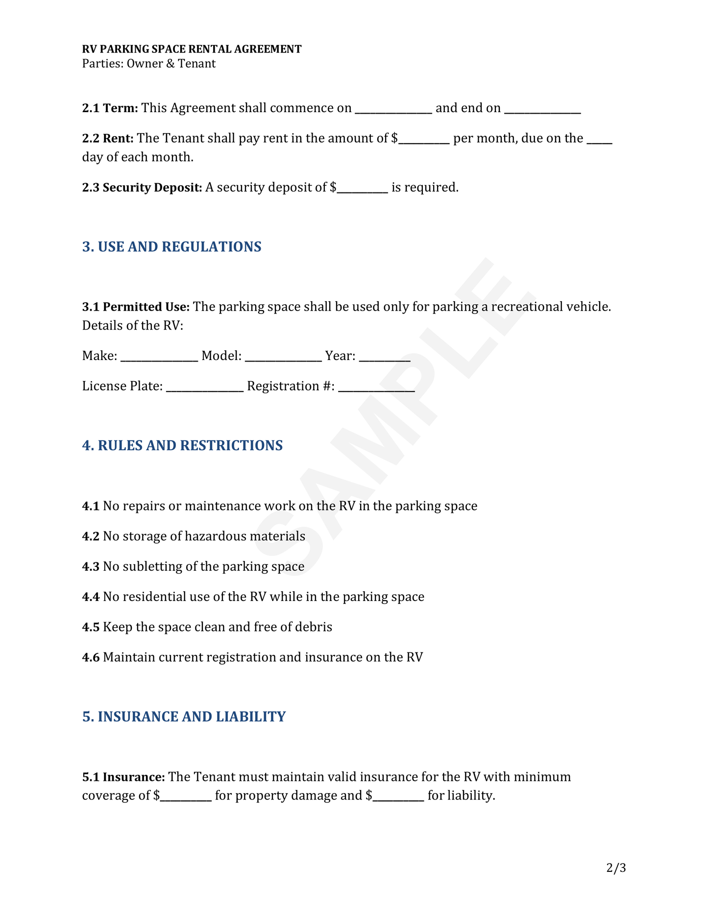RV Parking Space Rental Agreement Template