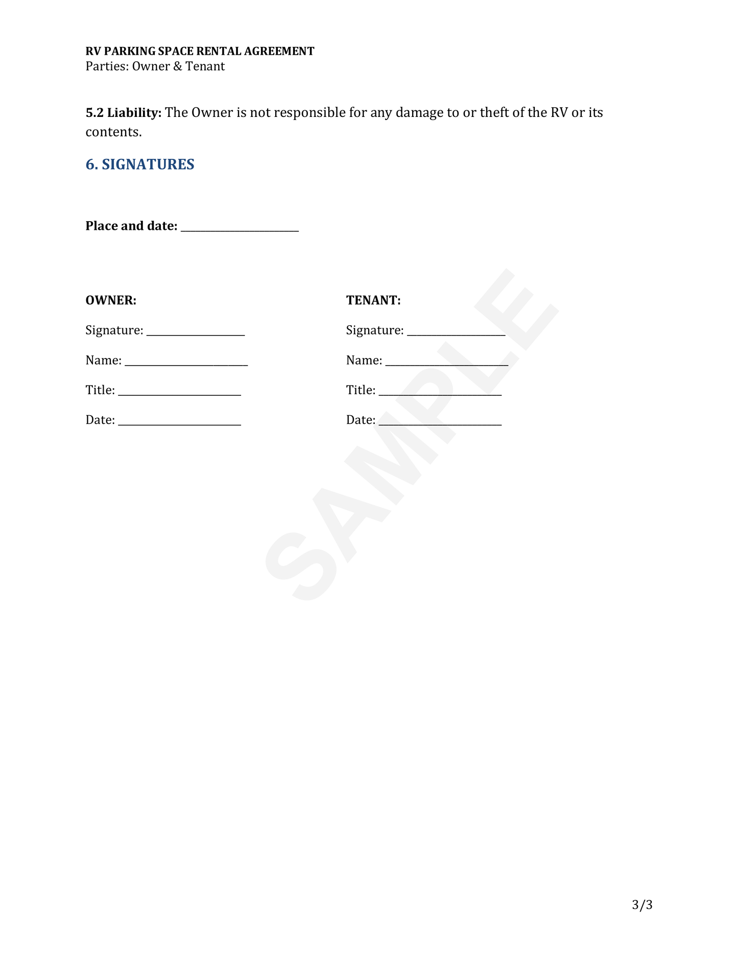RV Parking Space Rental Agreement Template