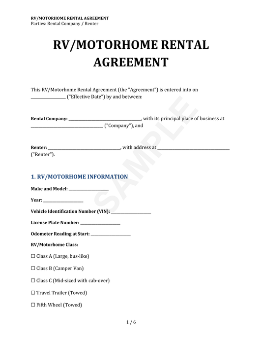 RV Rental Agreement Form Template