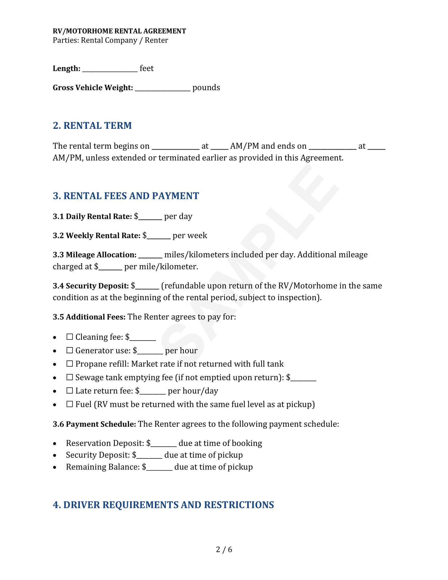 RV Rental Agreement Form Template