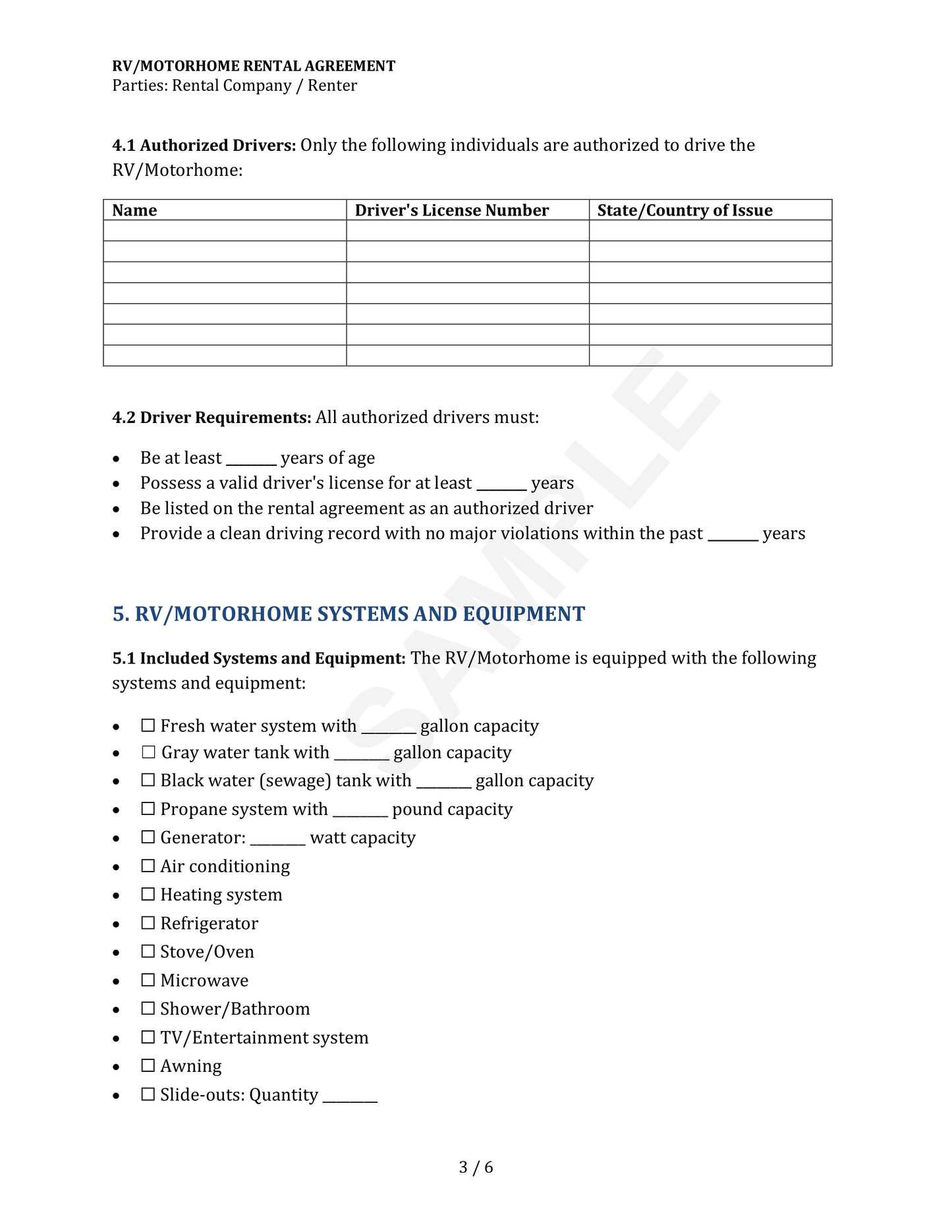 RV Rental Agreement Form Template