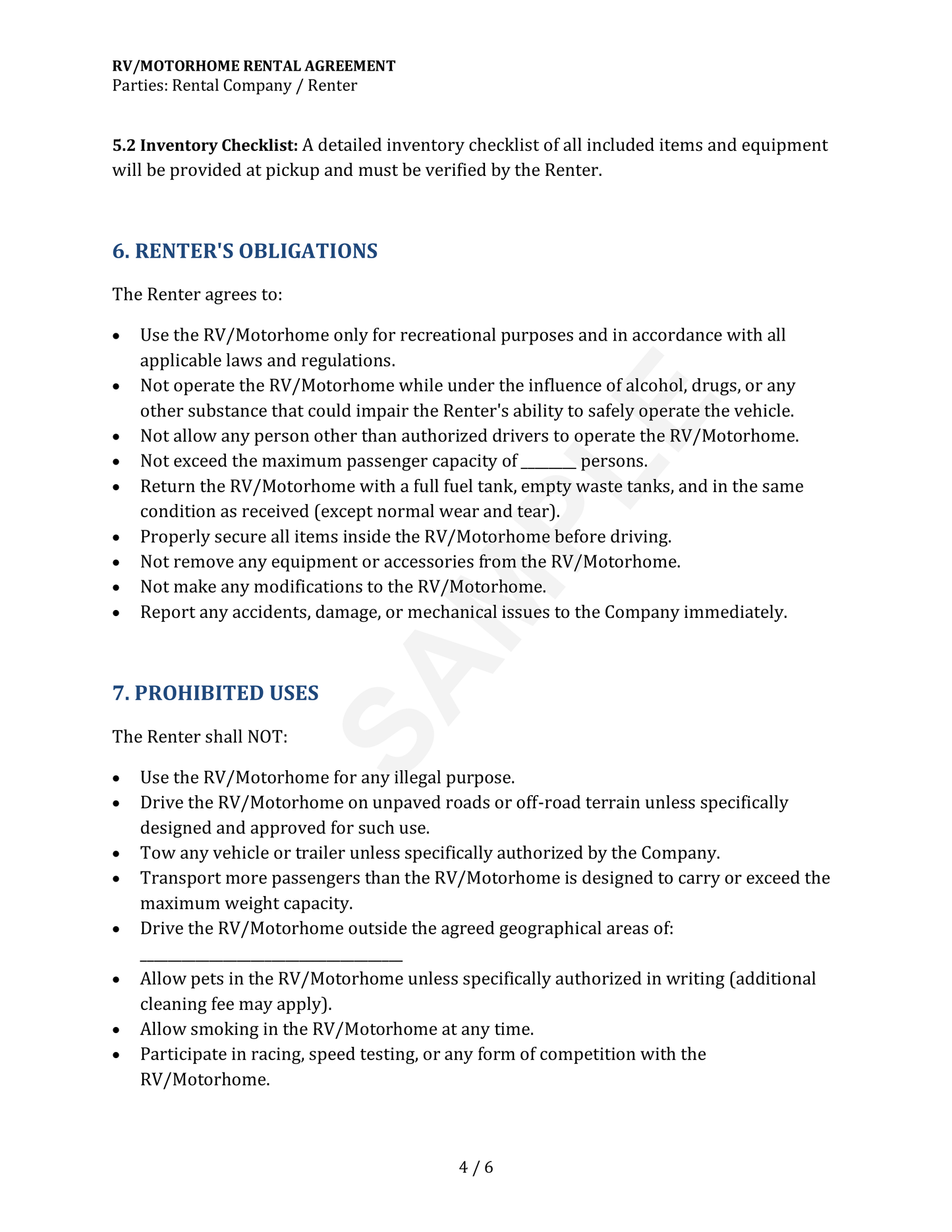 RV Rental Agreement Form Template