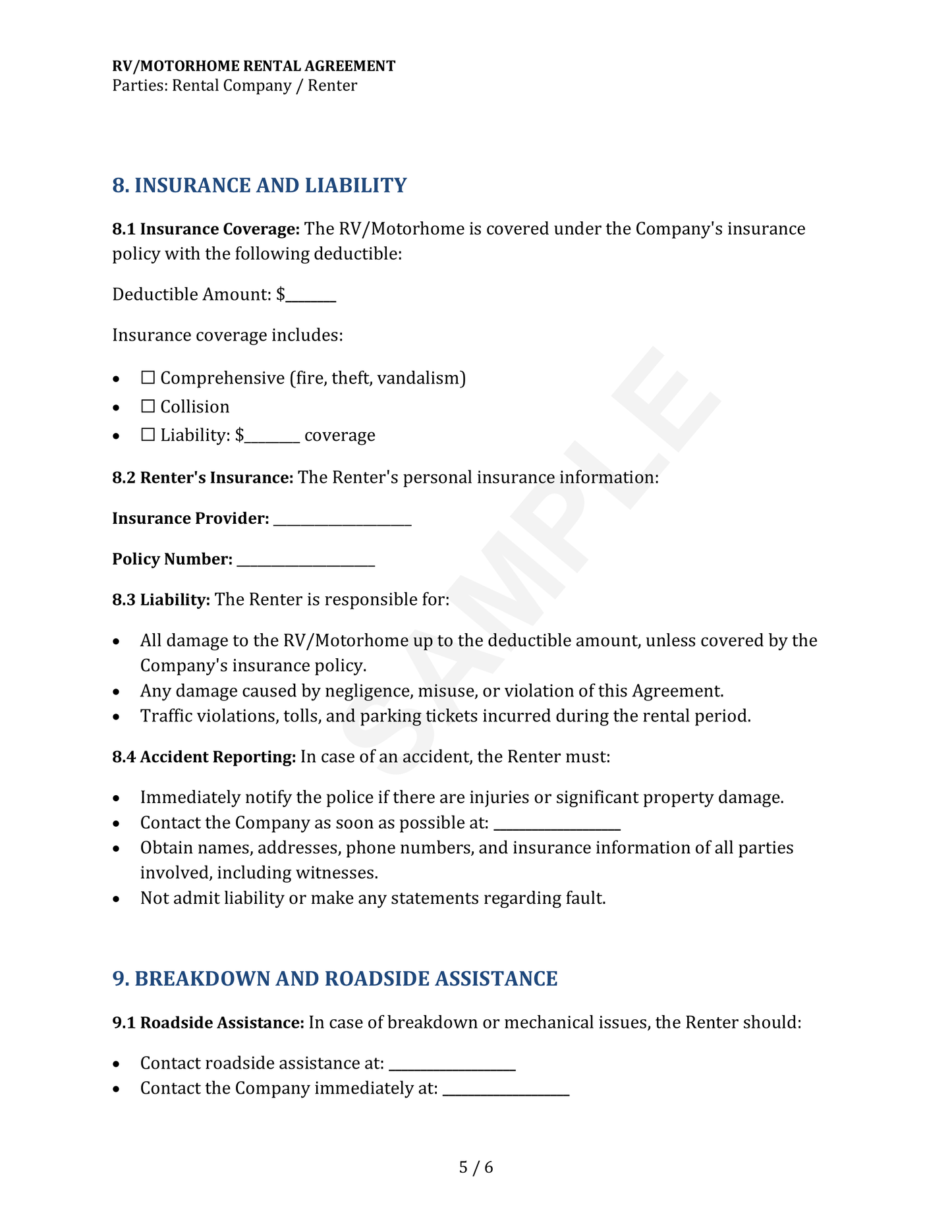 RV Rental Agreement Form Template