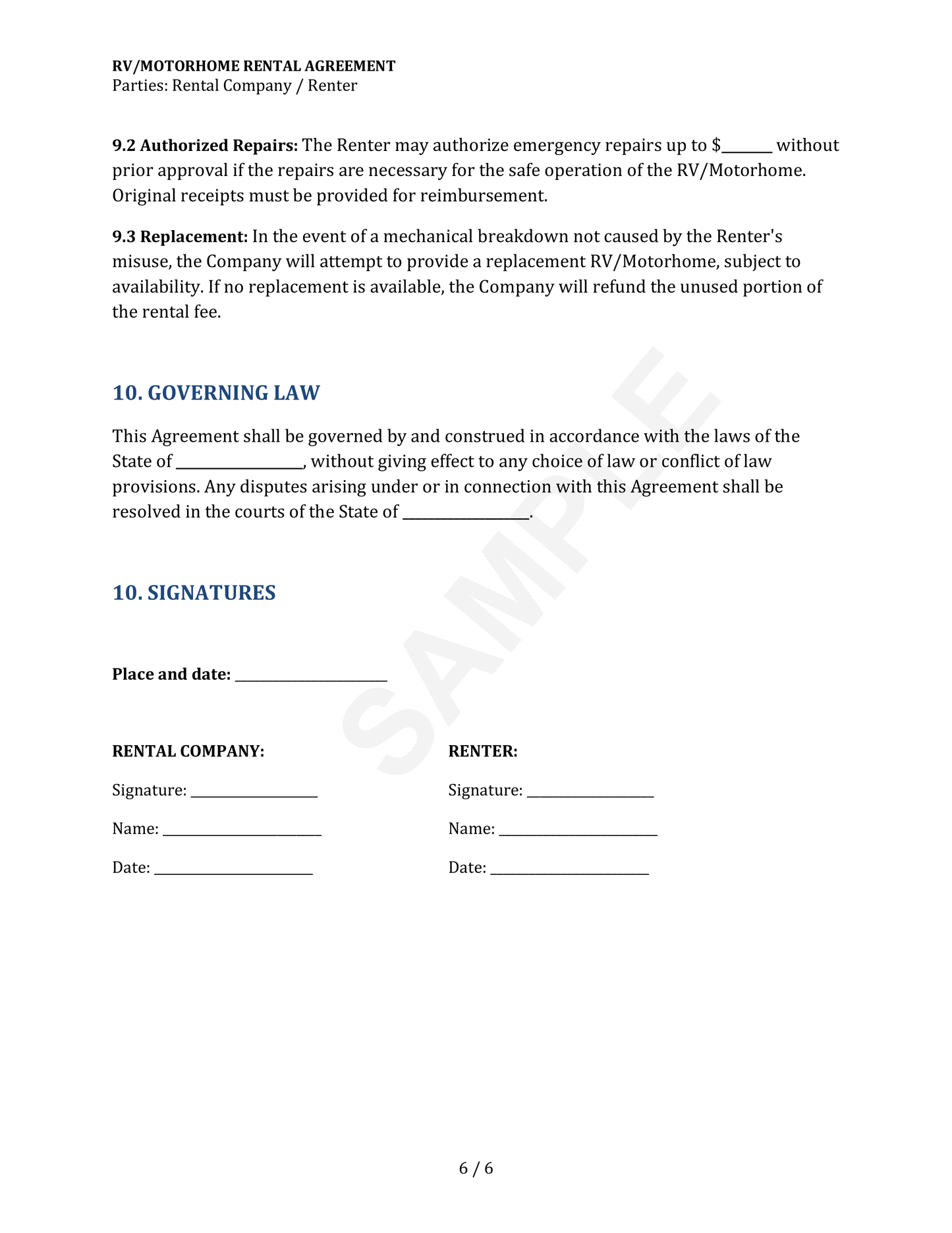 RV Rental Agreement Form Template