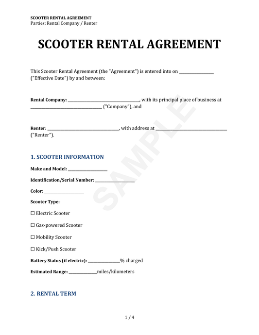 Scooter and Moped Rental Agreement Template