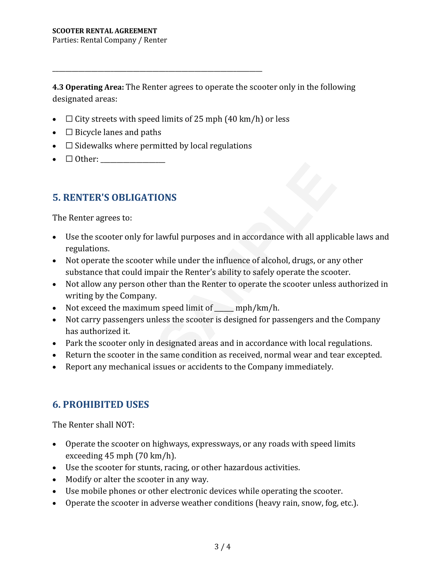 Scooter and Moped Rental Agreement Template
