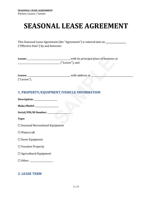 Seasonal Lease Agreement Template