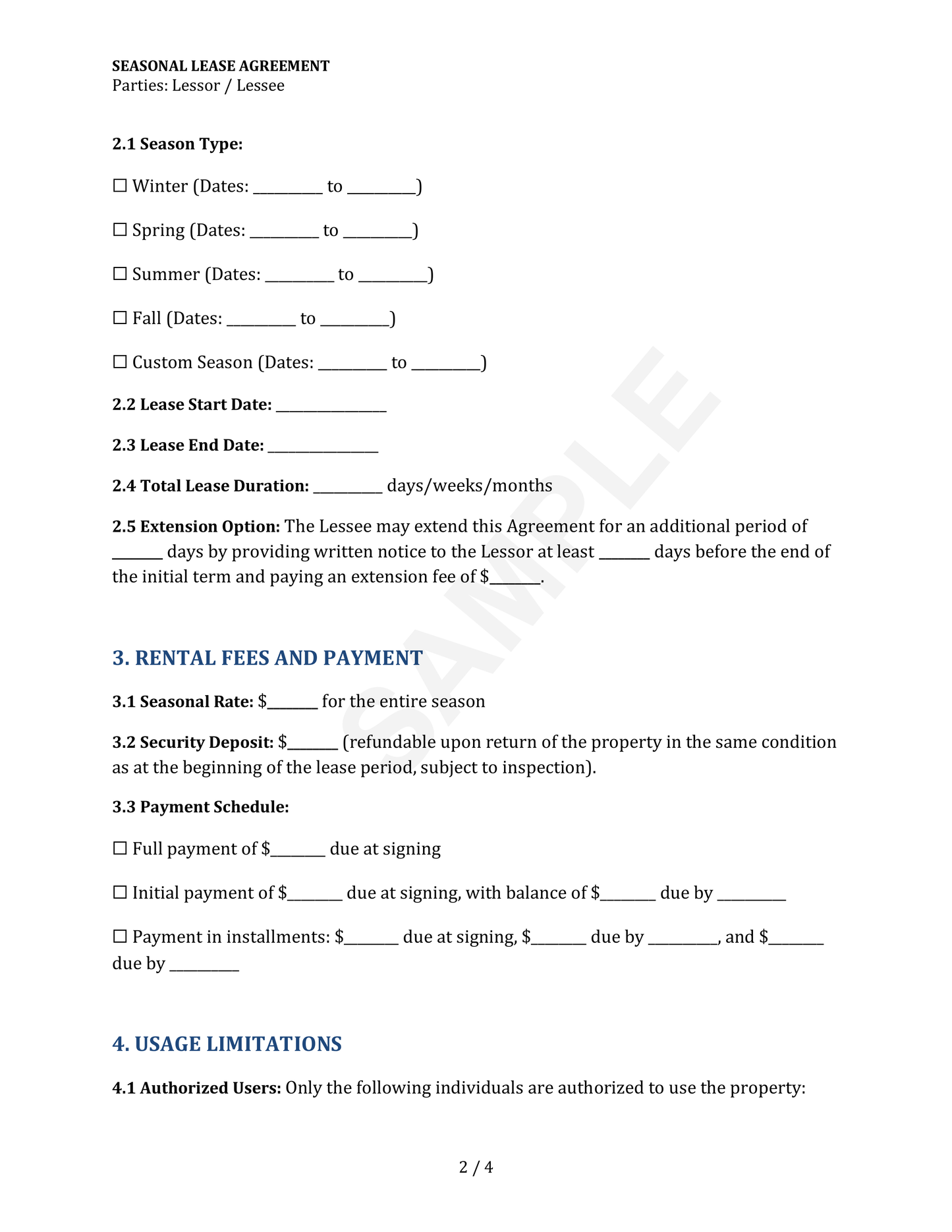 Seasonal Lease Agreement Template