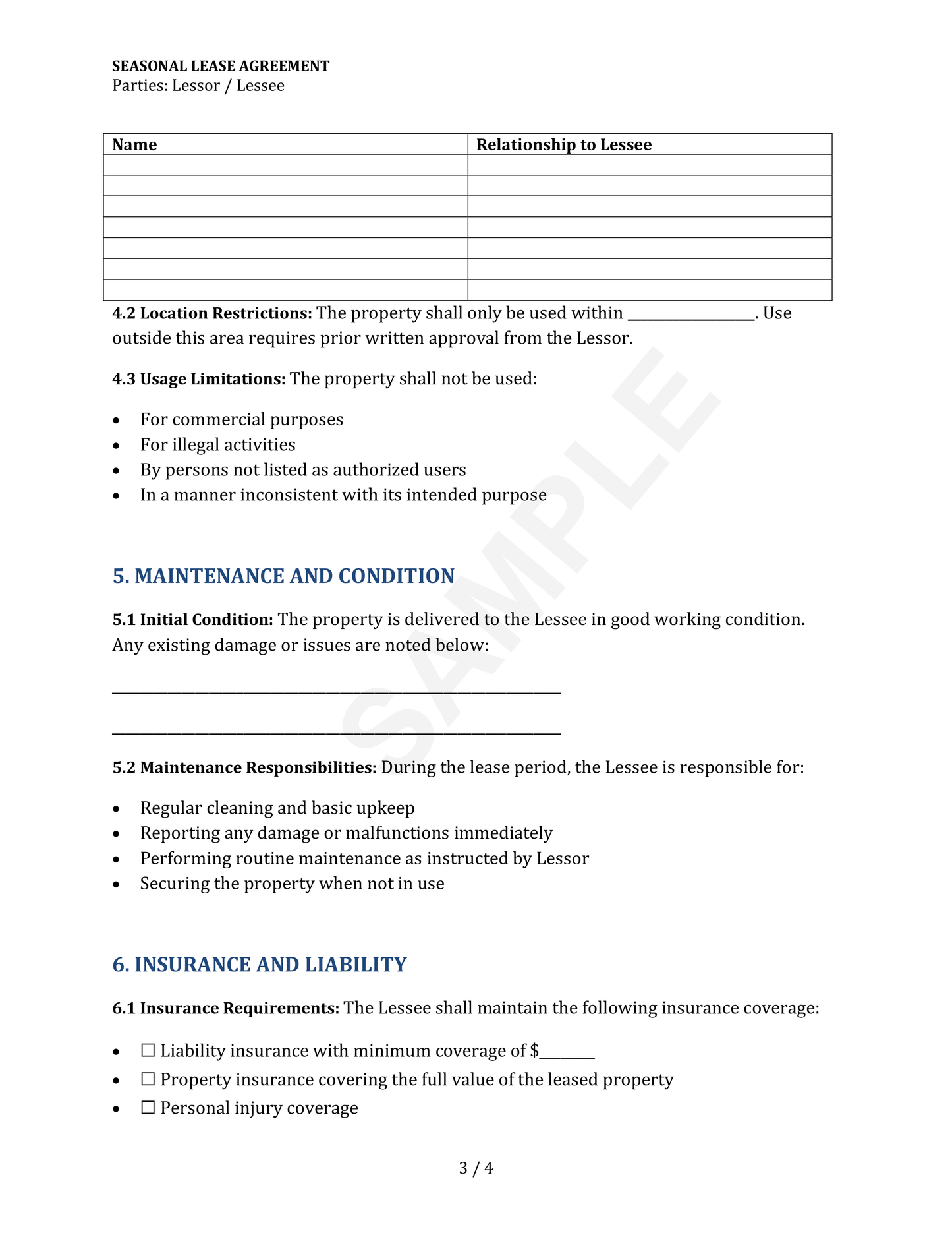 Seasonal Lease Agreement Template