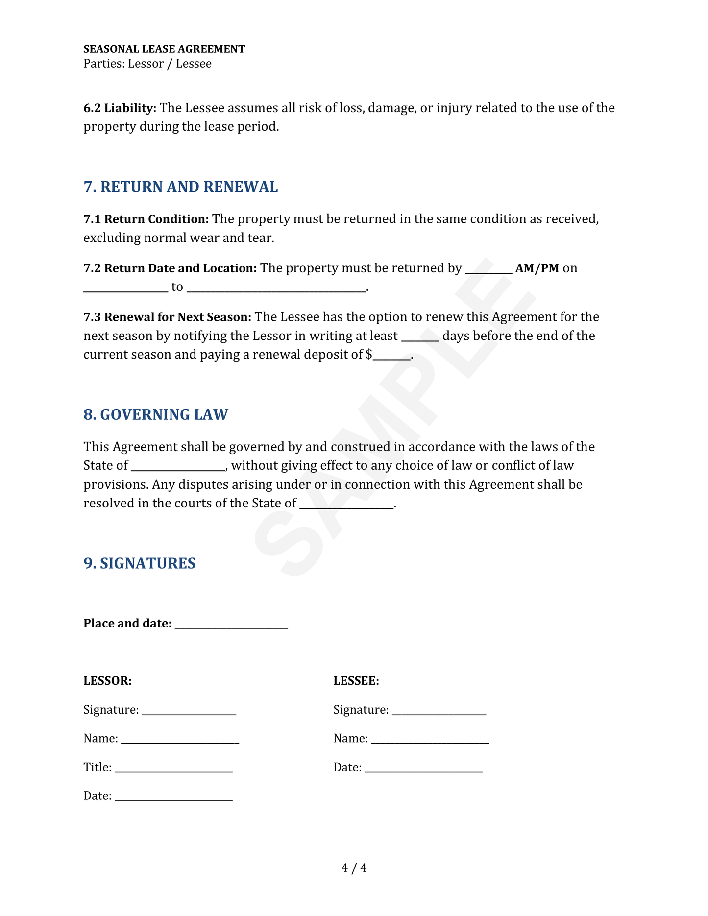 Seasonal Lease Agreement Template