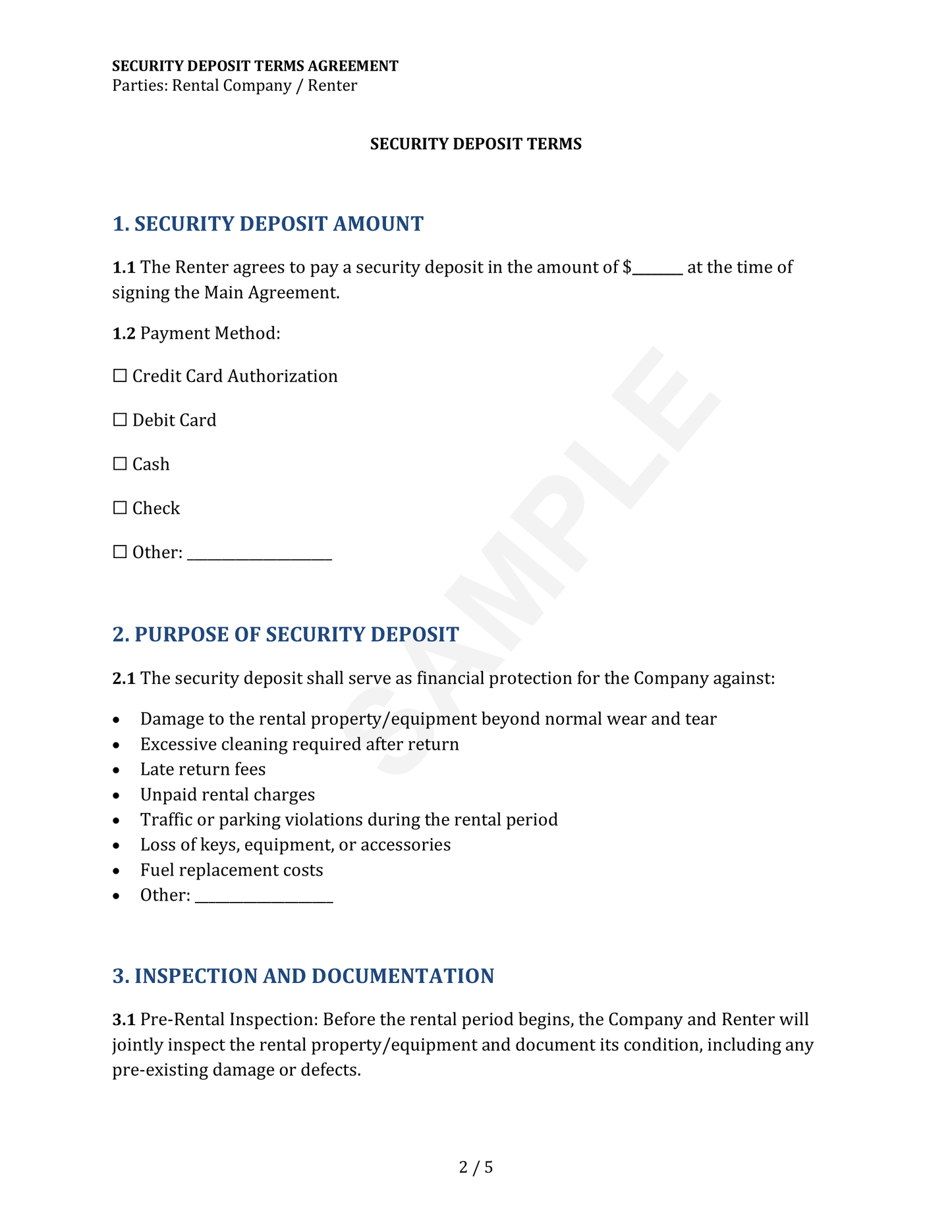 Security Deposit Terms Agreement Template