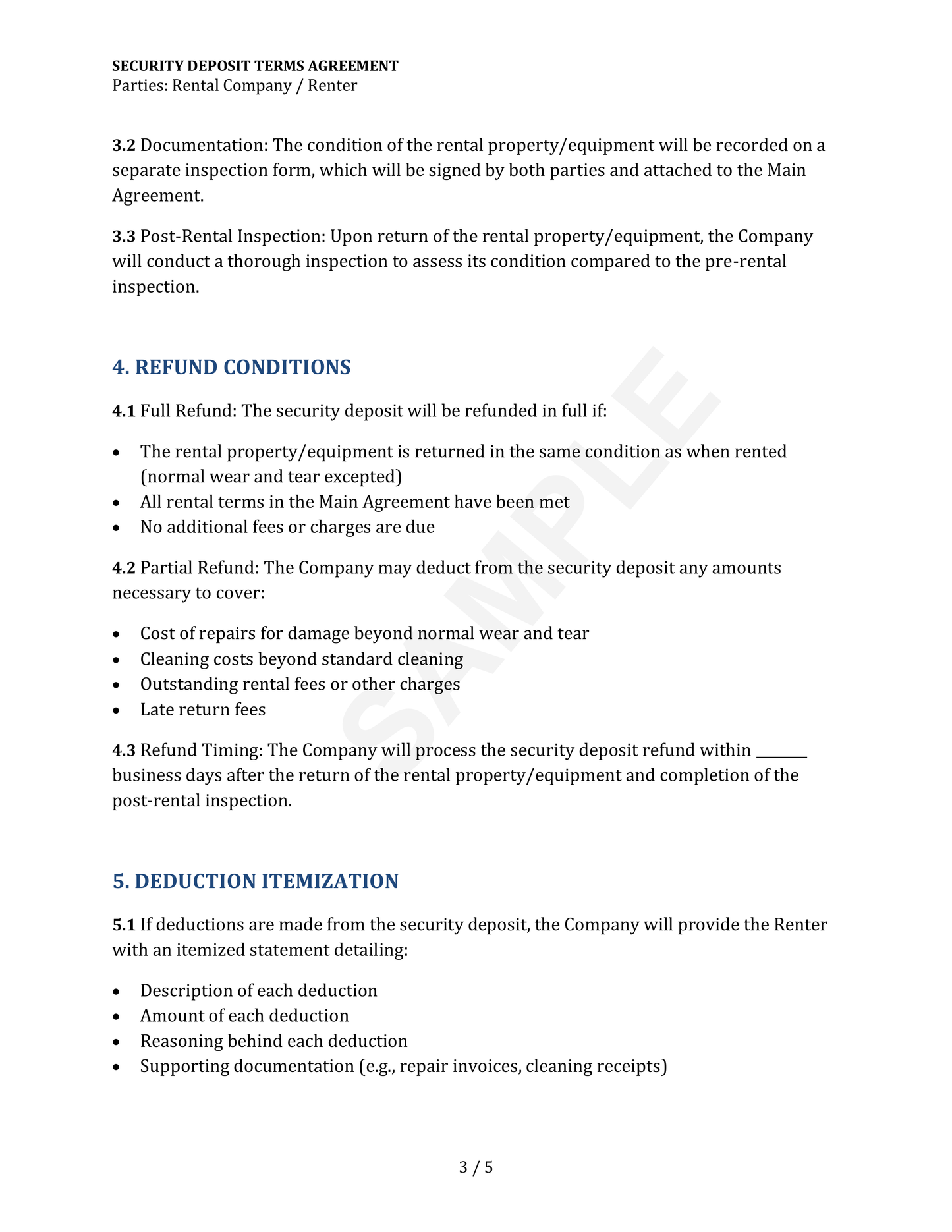 Security Deposit Terms Agreement Template