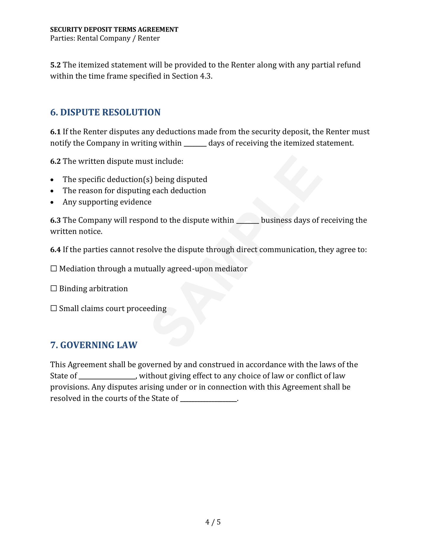 Security Deposit Terms Agreement Template