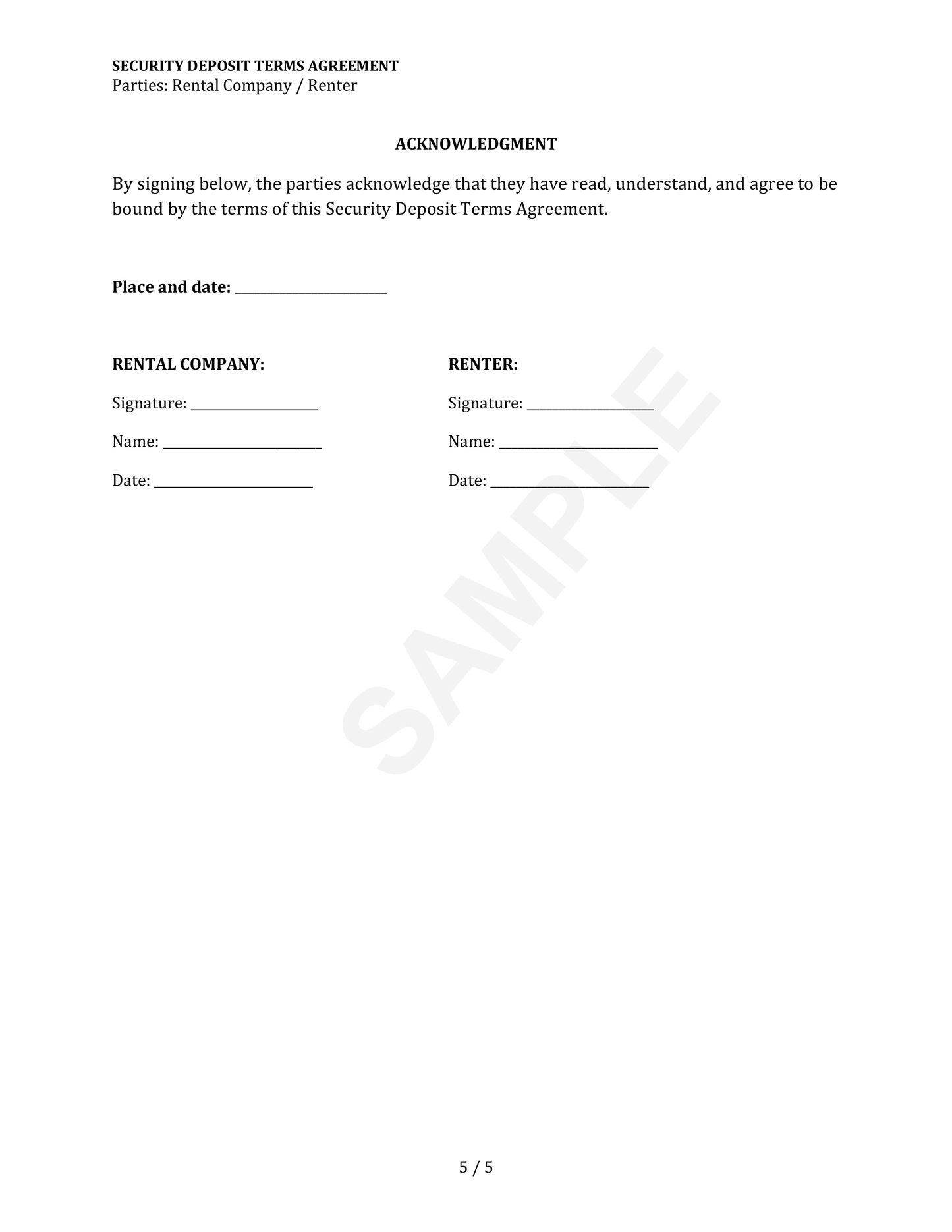 Security Deposit Terms Agreement Template