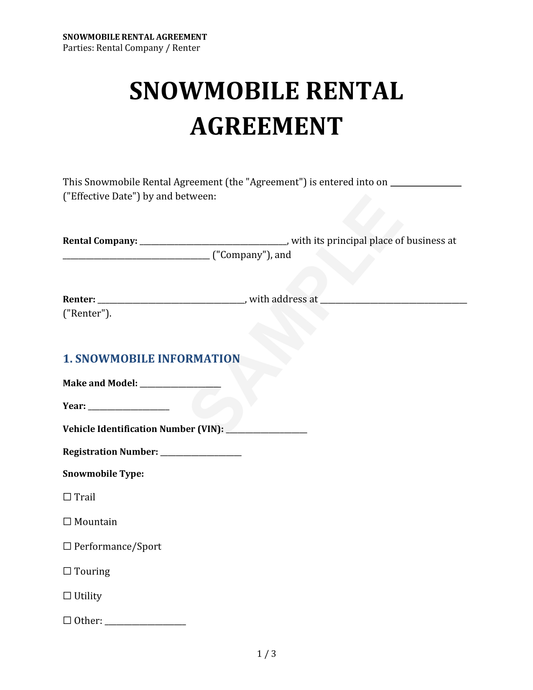 Snowmobile Rental Agreement Template