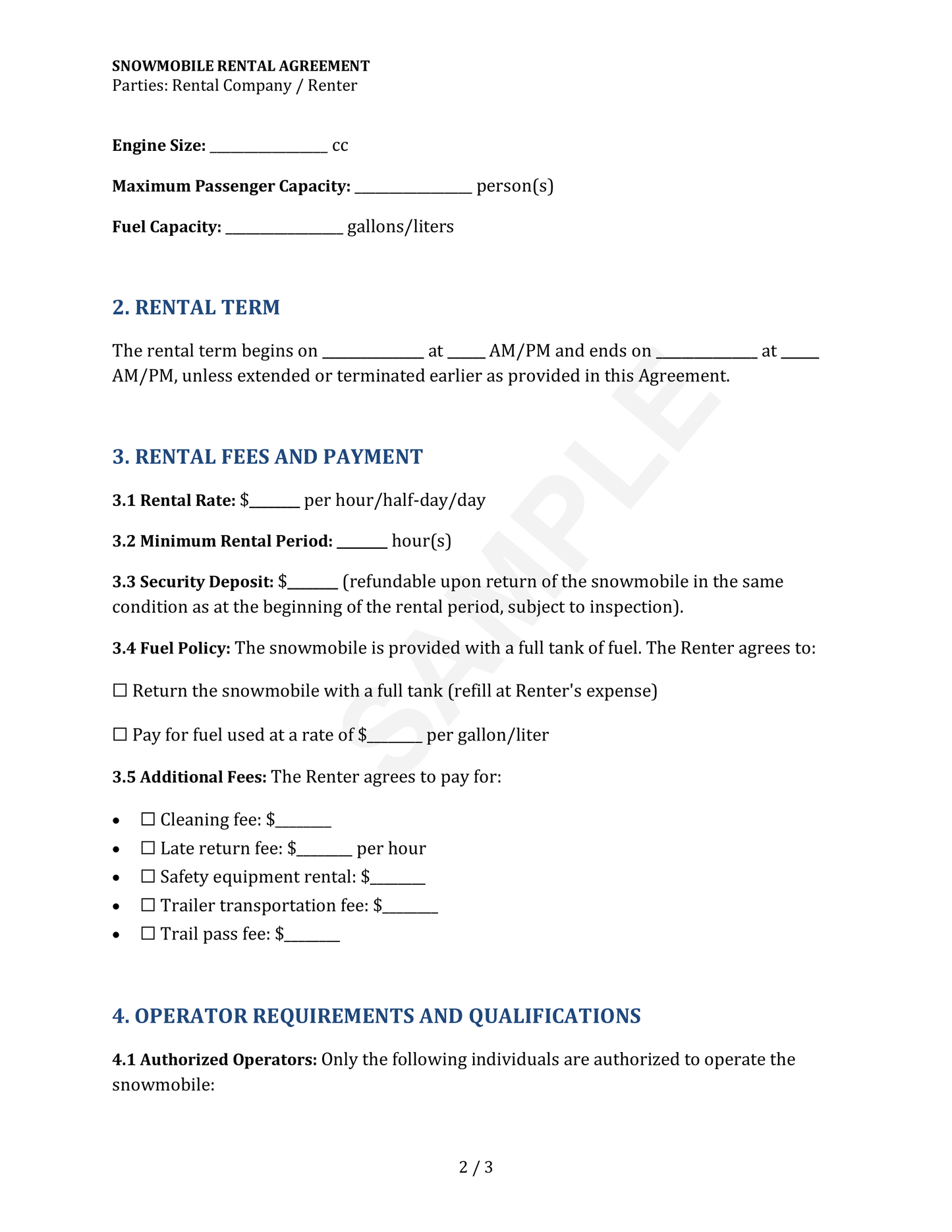 Snowmobile Rental Agreement Template