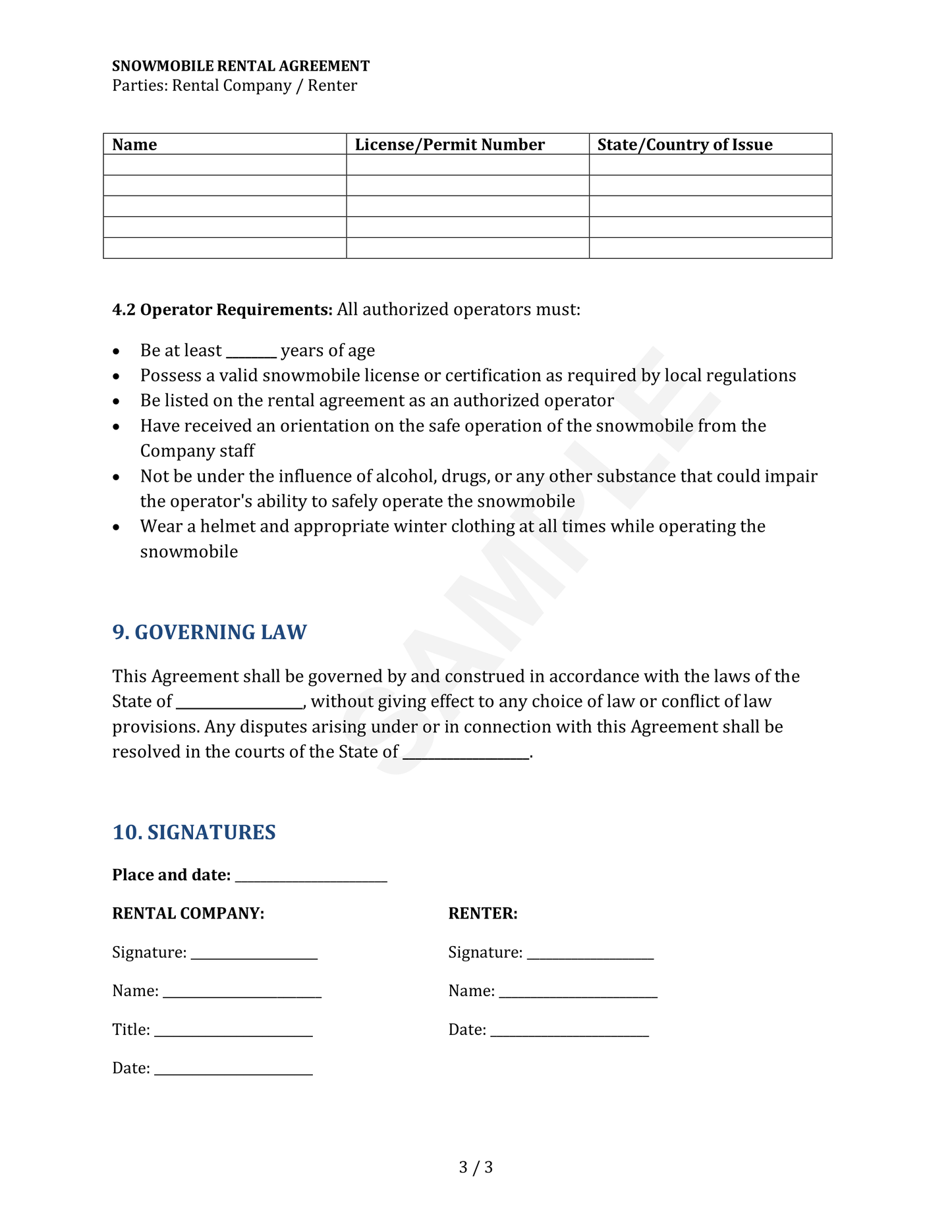 Snowmobile Rental Agreement Template