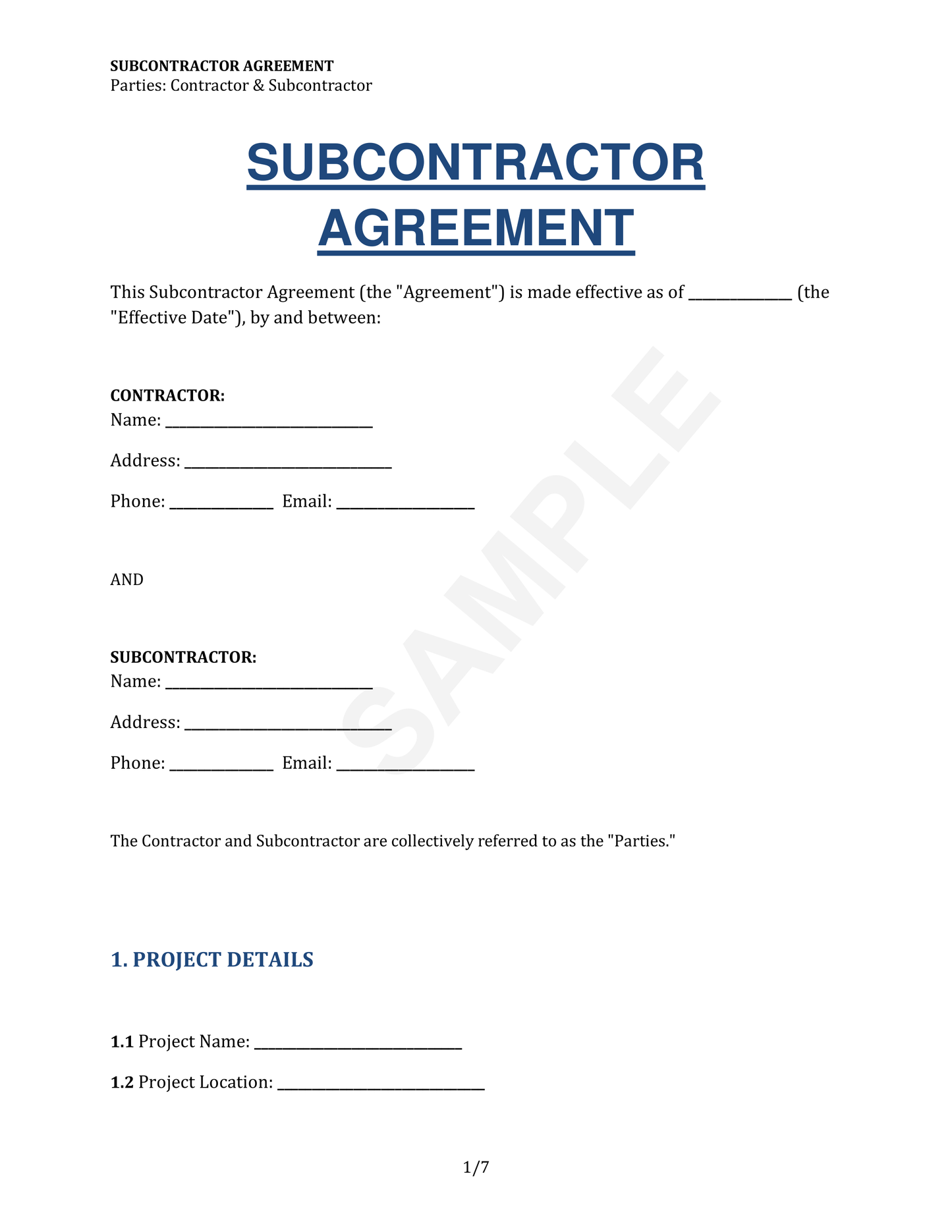 Subcontractor Agreement Template
