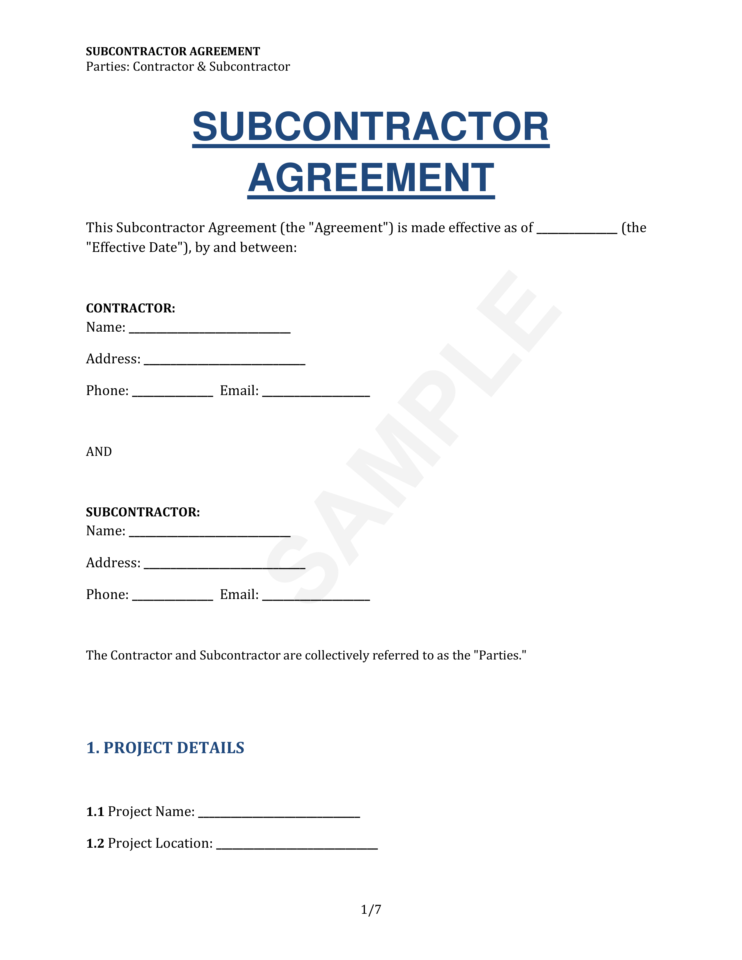 Subcontractor Agreement Template