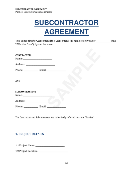 Subcontractor Agreement Template