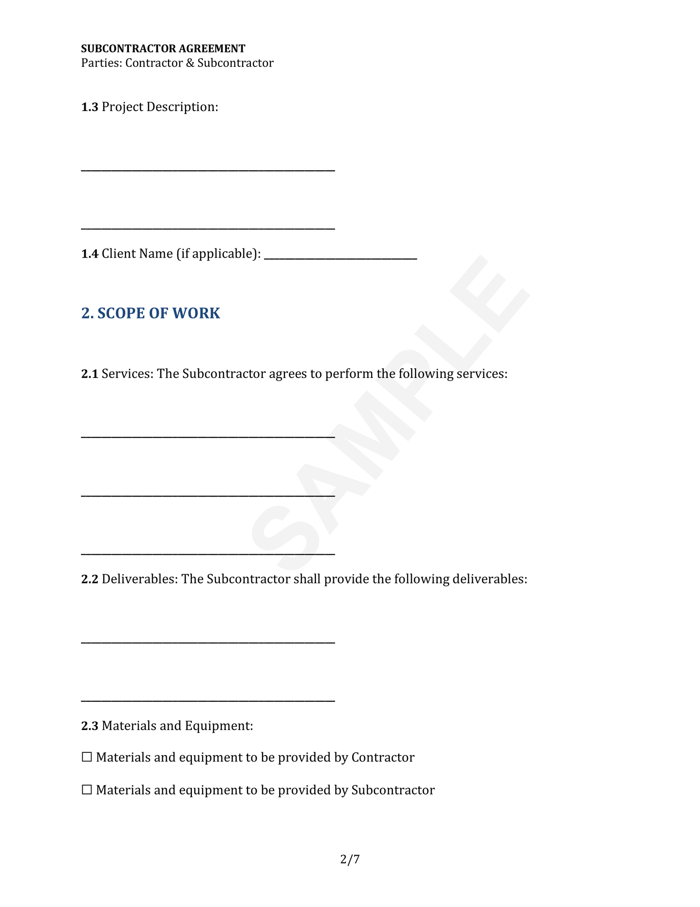 Subcontractor Agreement Template