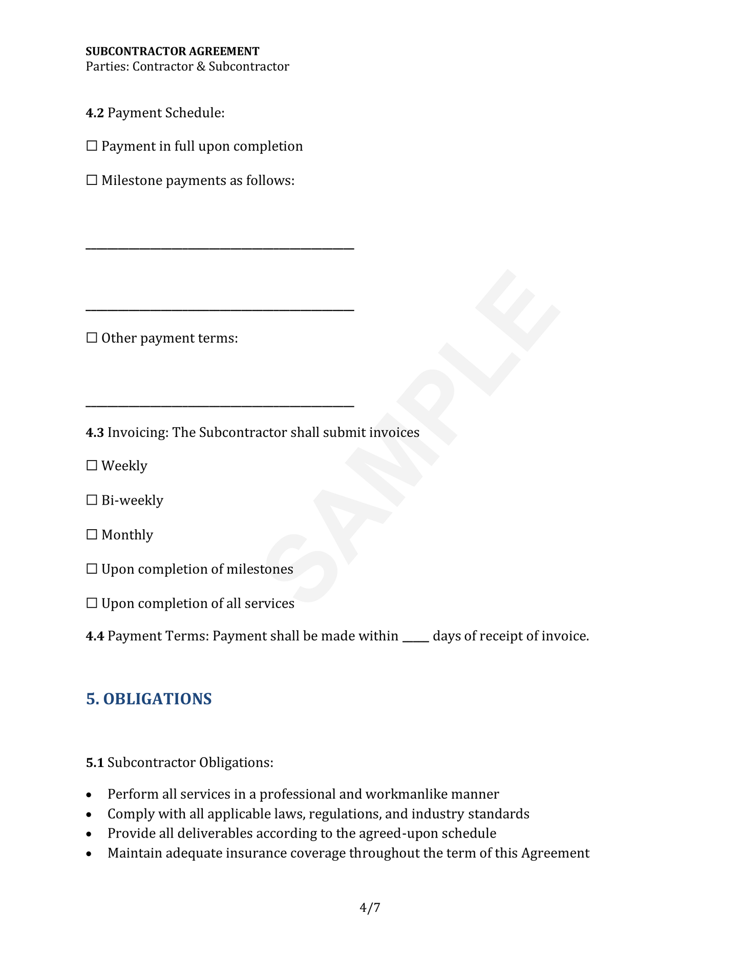Subcontractor Agreement Template