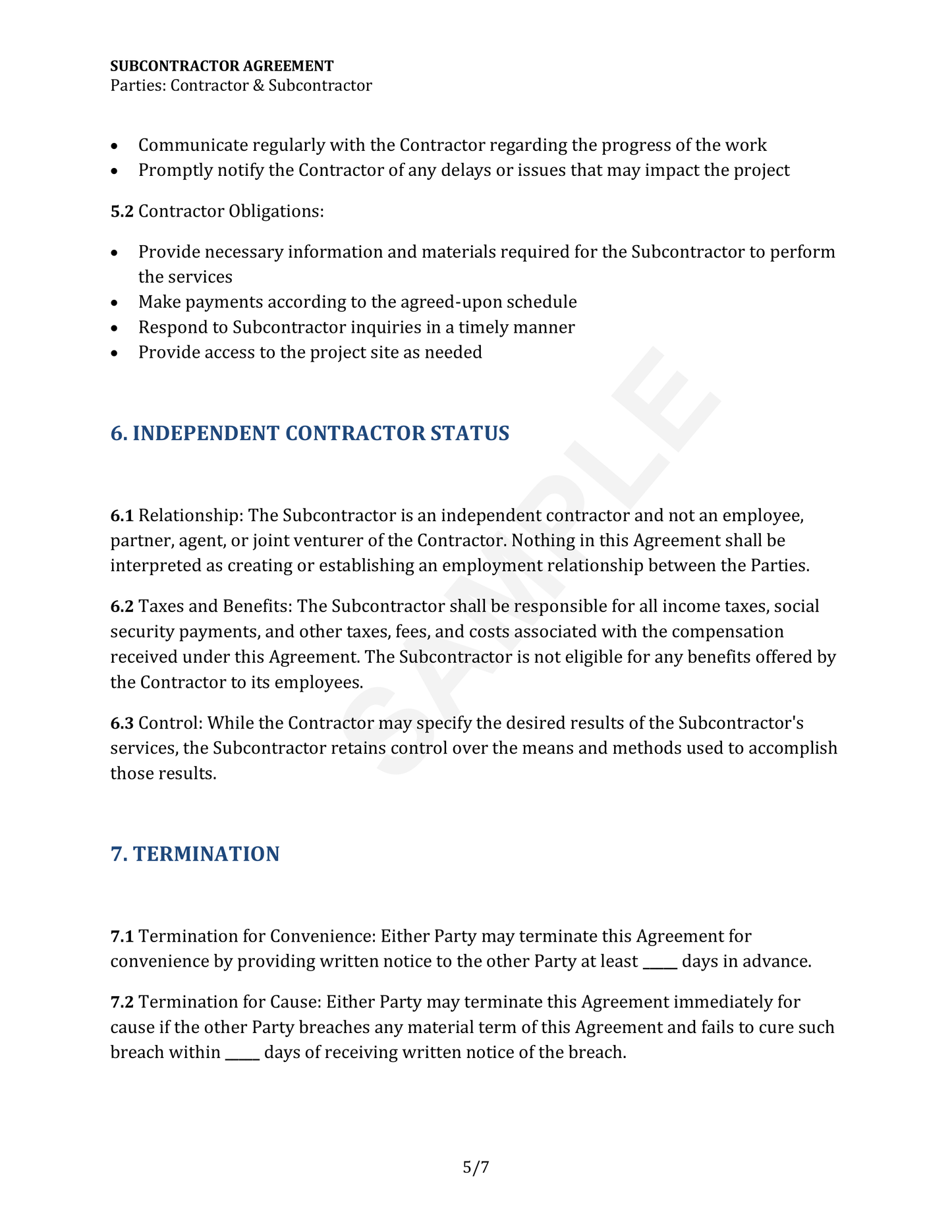 Subcontractor Agreement Template