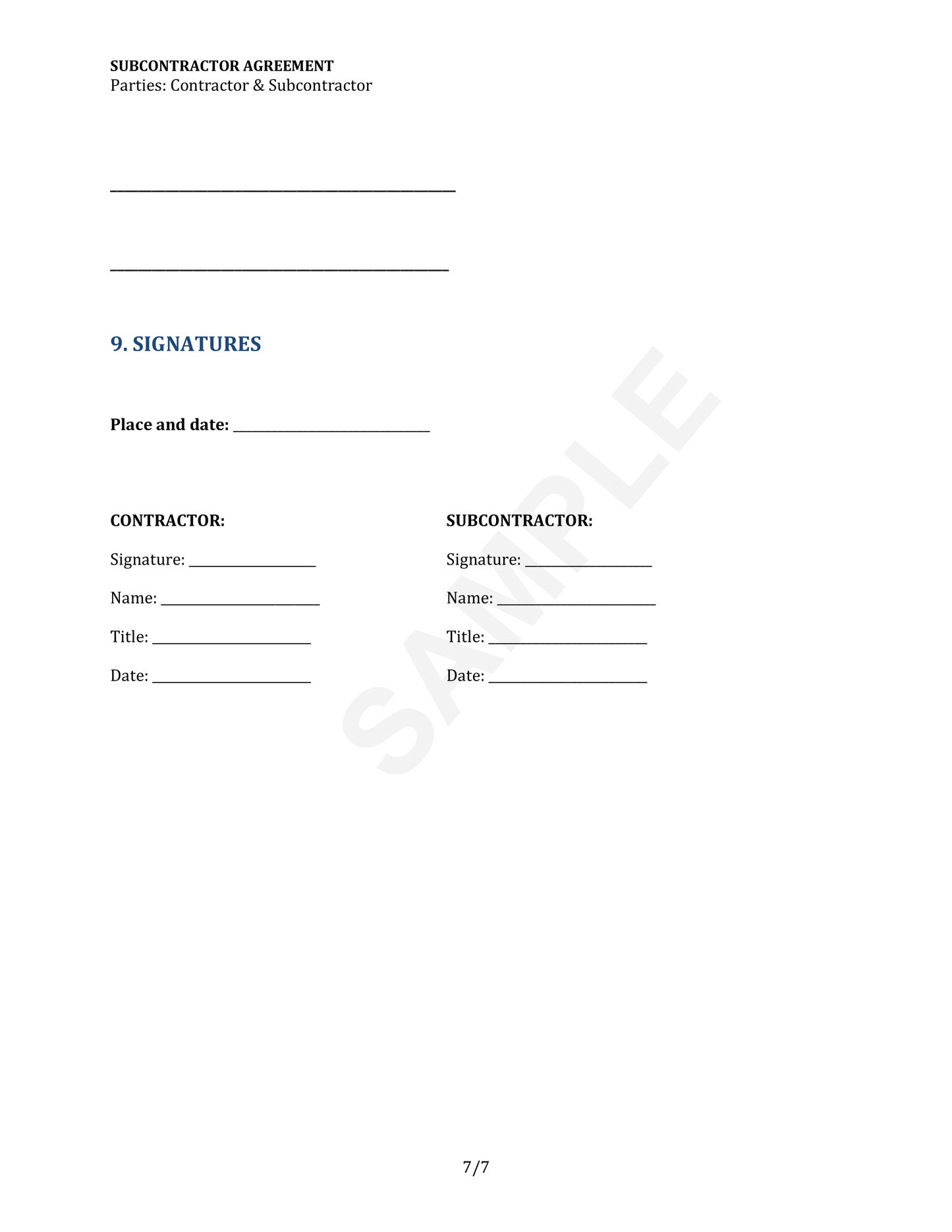 Subcontractor Agreement Template