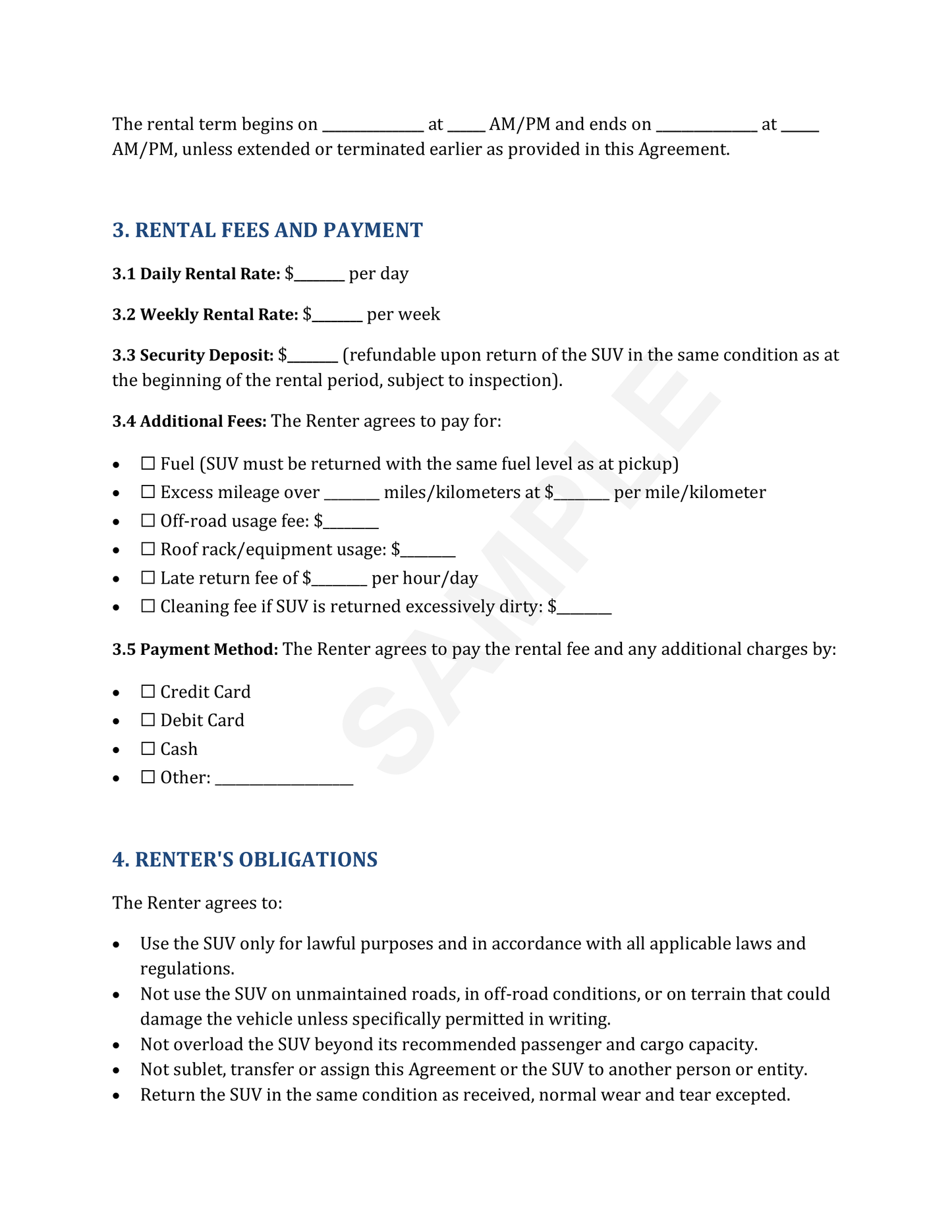 SUV Rental Agreement Template
