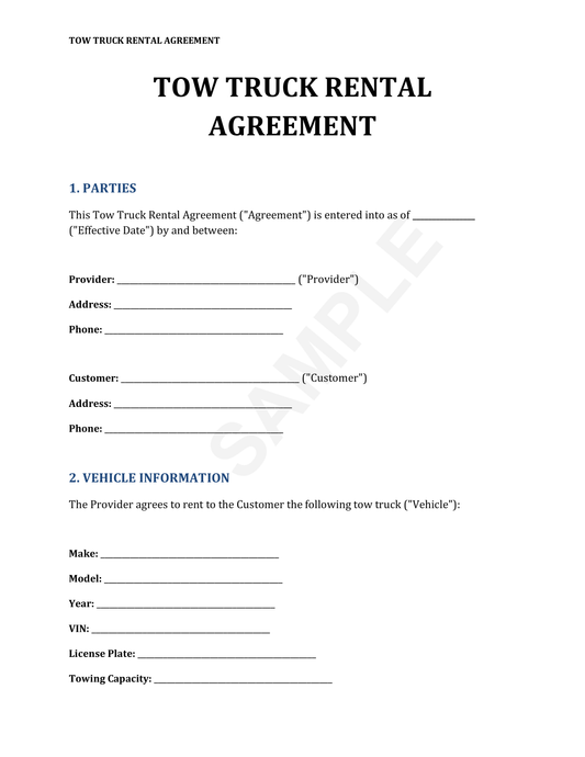 Tow Truck Rental Agreement Template