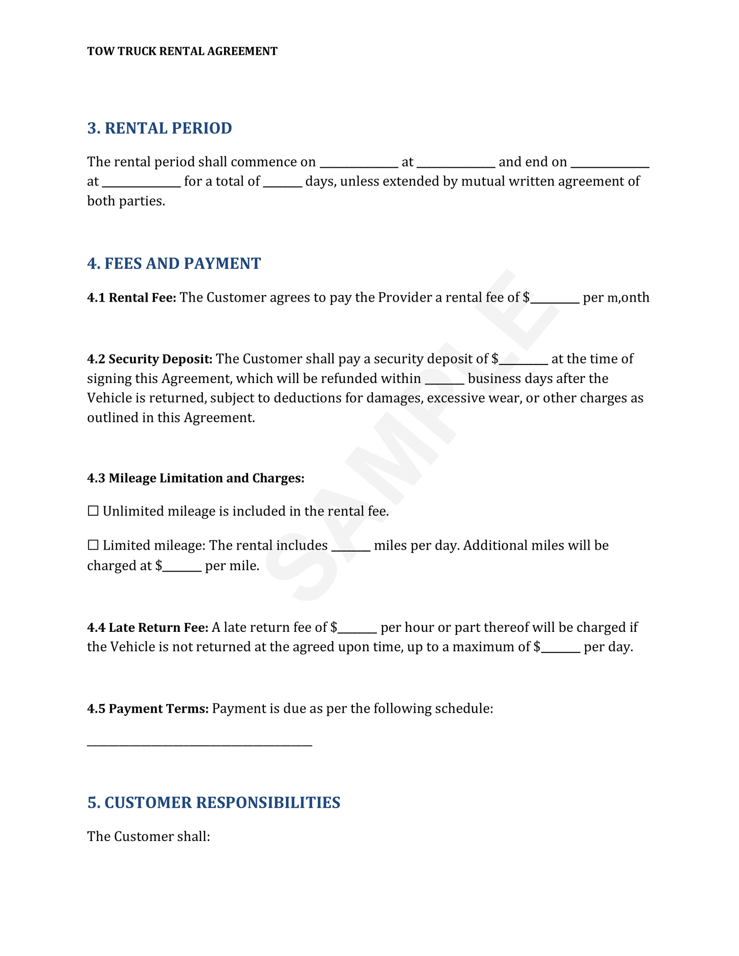 Tow Truck Rental Agreement Template