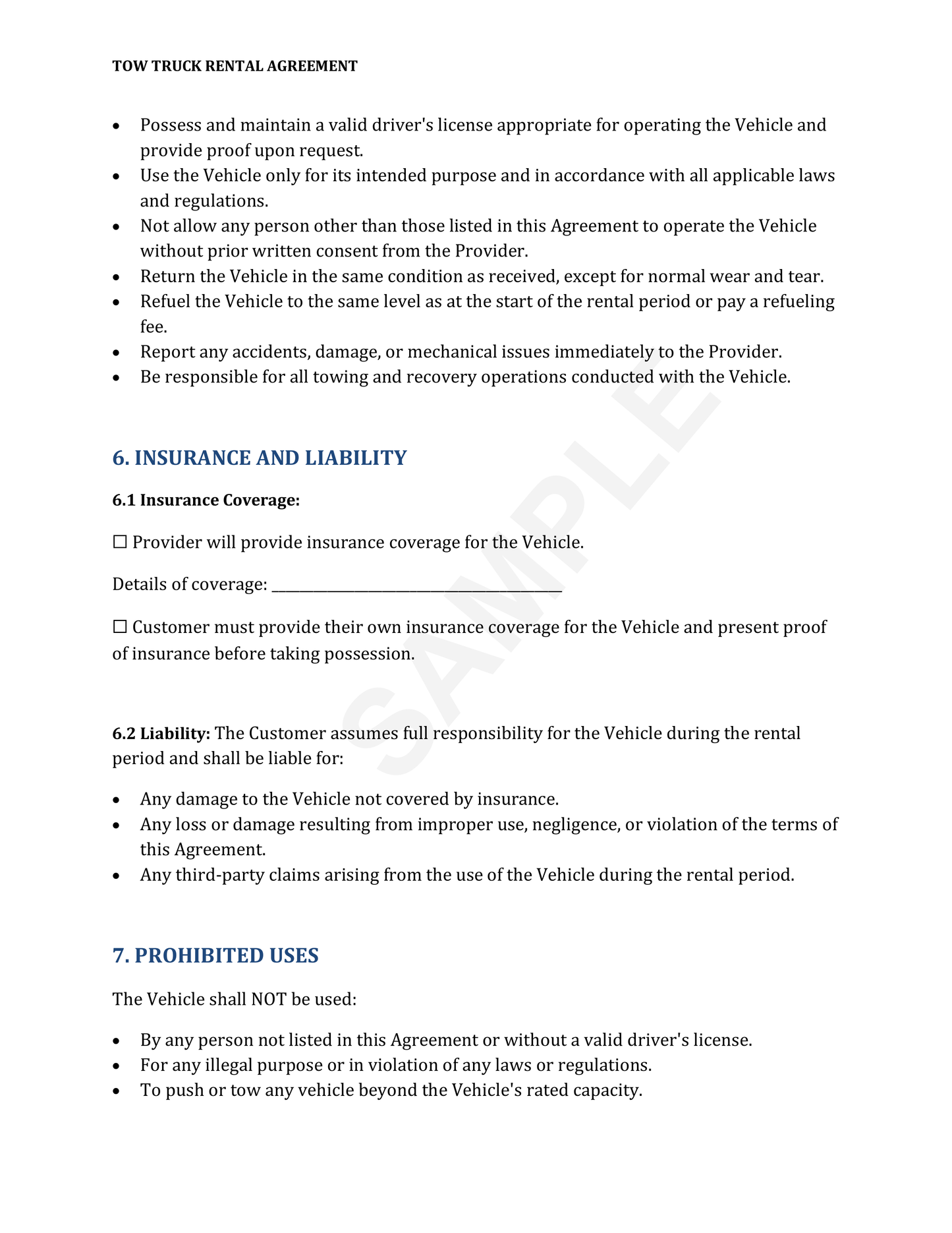Tow Truck Rental Agreement Template