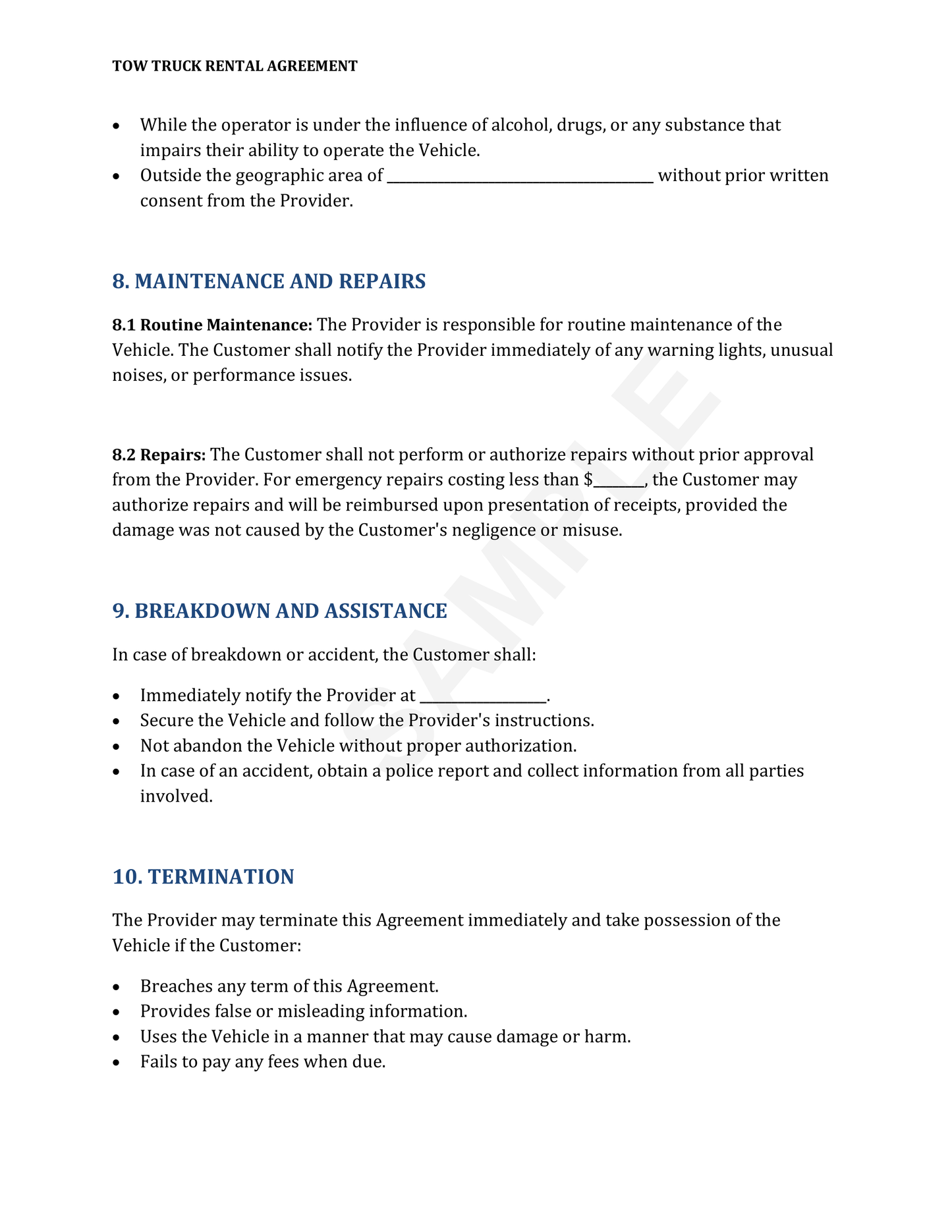 Tow Truck Rental Agreement Template